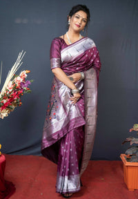 Thumbnail for Aastha Fashion Wine Woven Soft Paithani Silk Saree with Blouse - Distacart