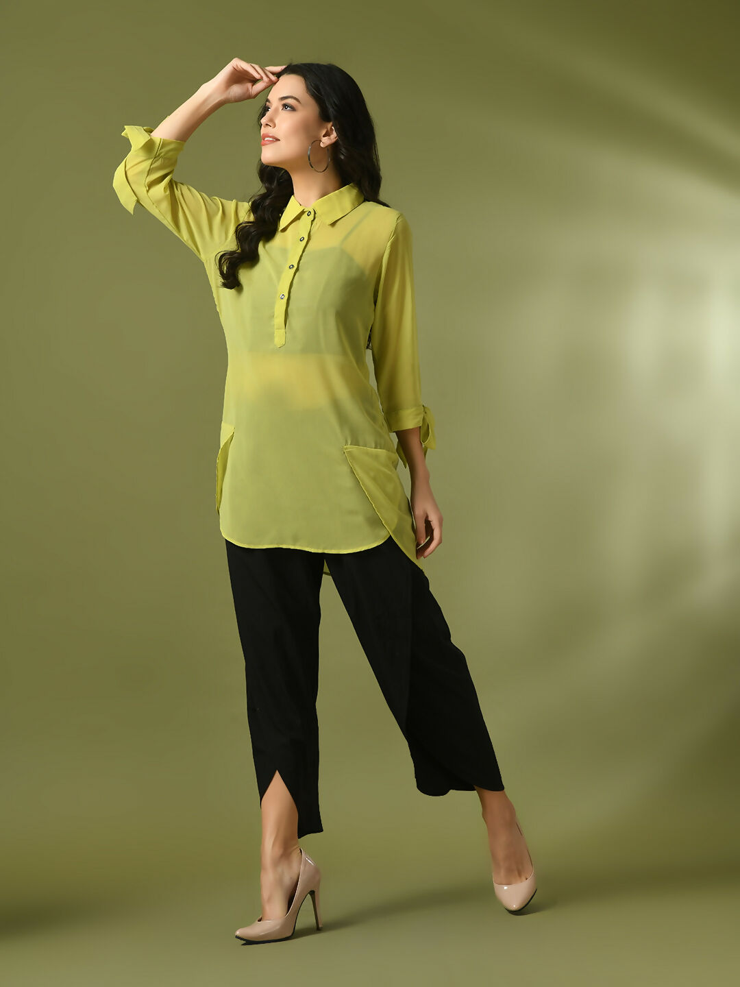 Myshka Women's Yellow Solid Georgette Longline Party Sheer Tunic - Distacart