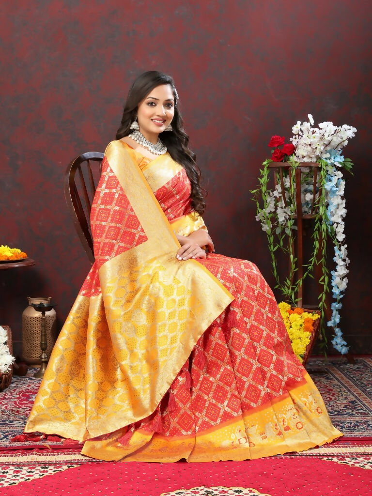 Vastranavya Red Soft Patola Silk With Meenakari Weaving Motifs And Rich Zari Weaving Pallu Saree With Matching Blouse Fabric - Distacart