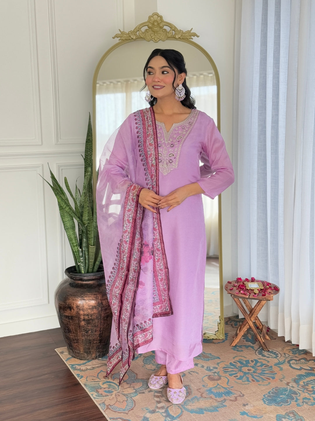 The52 Women's Gorgeous Rayon Embroidery work Straight Kurta with Pant and Dupatta Set