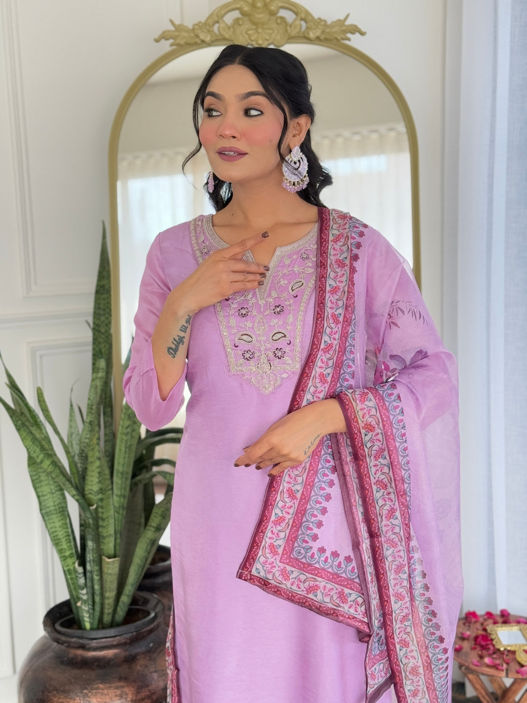 The52 Women's Gorgeous Rayon Embroidery work Straight Kurta with Pant and Dupatta Set