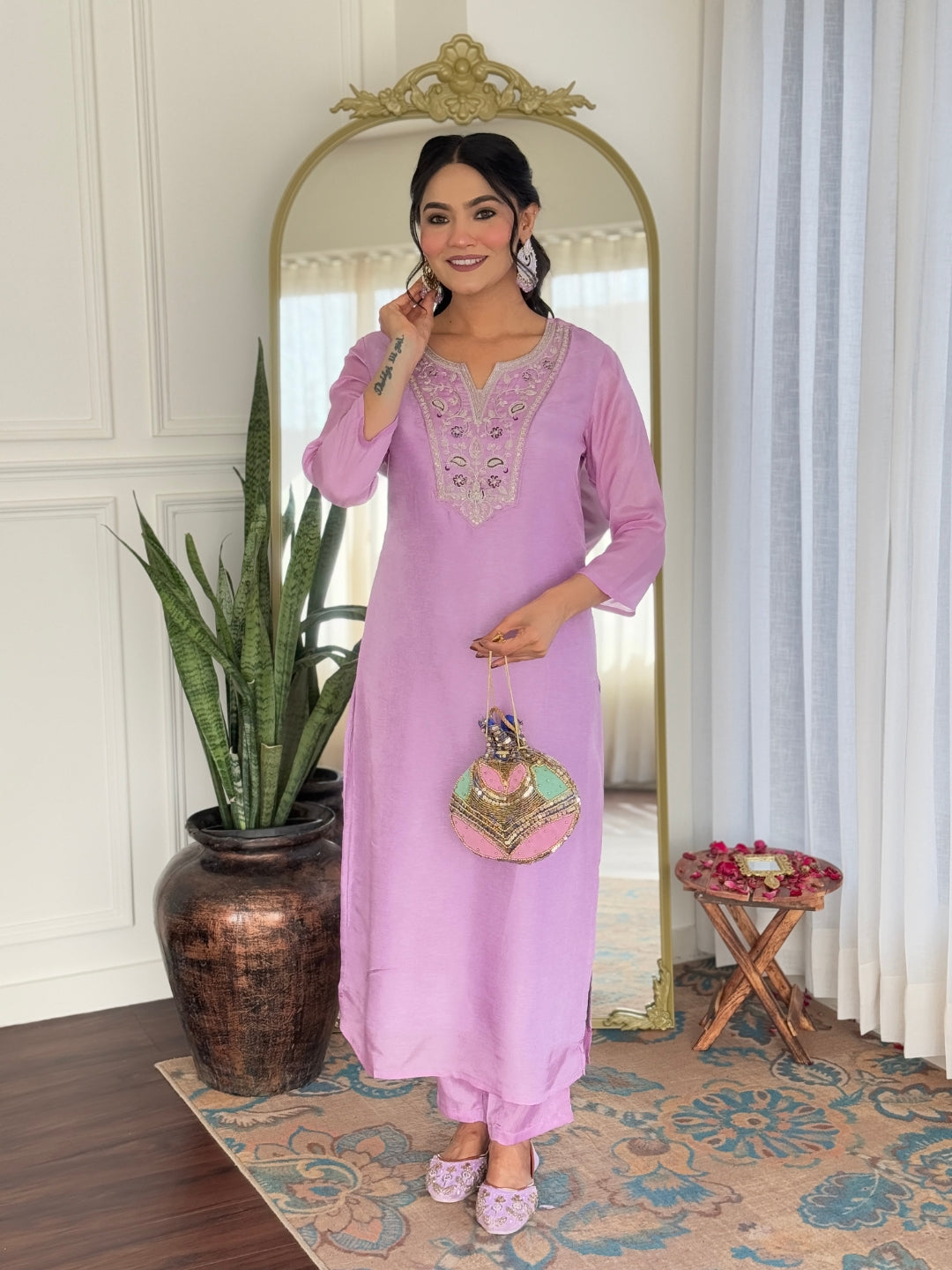 The52 Women's Gorgeous Rayon Embroidery work Straight Kurta with Pant and Dupatta Set