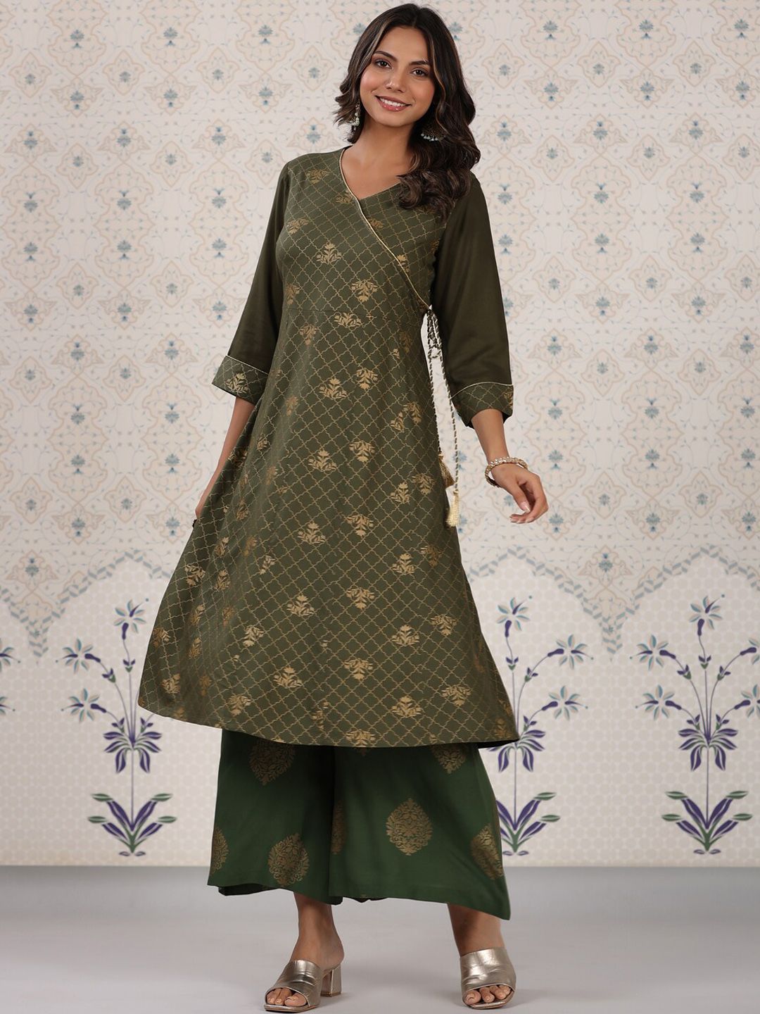 Ode by House of Pataudi Olive Green & Gold Printed V Neck Angrakha Kurta With Palazzos