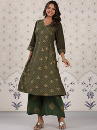 Thumbnail for Ode by House of Pataudi Olive Green & Gold Printed V Neck Angrakha Kurta With Palazzos