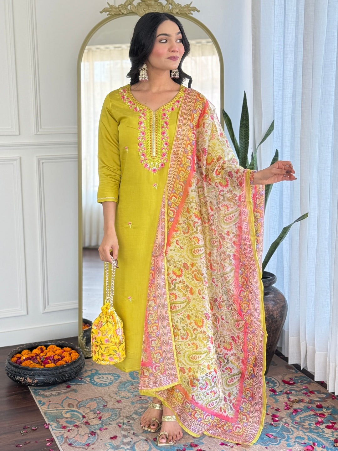 The52 Women's Gorgeous Rayon Embroidery work Straight Kurta with Pant and Dupatta Set