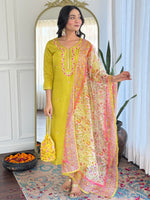 Thumbnail for The52 Women's Gorgeous Rayon Embroidery work Straight Kurta with Pant and Dupatta Set
