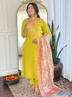 Thumbnail for The52 Women's Gorgeous Rayon Embroidery work Straight Kurta with Pant and Dupatta Set