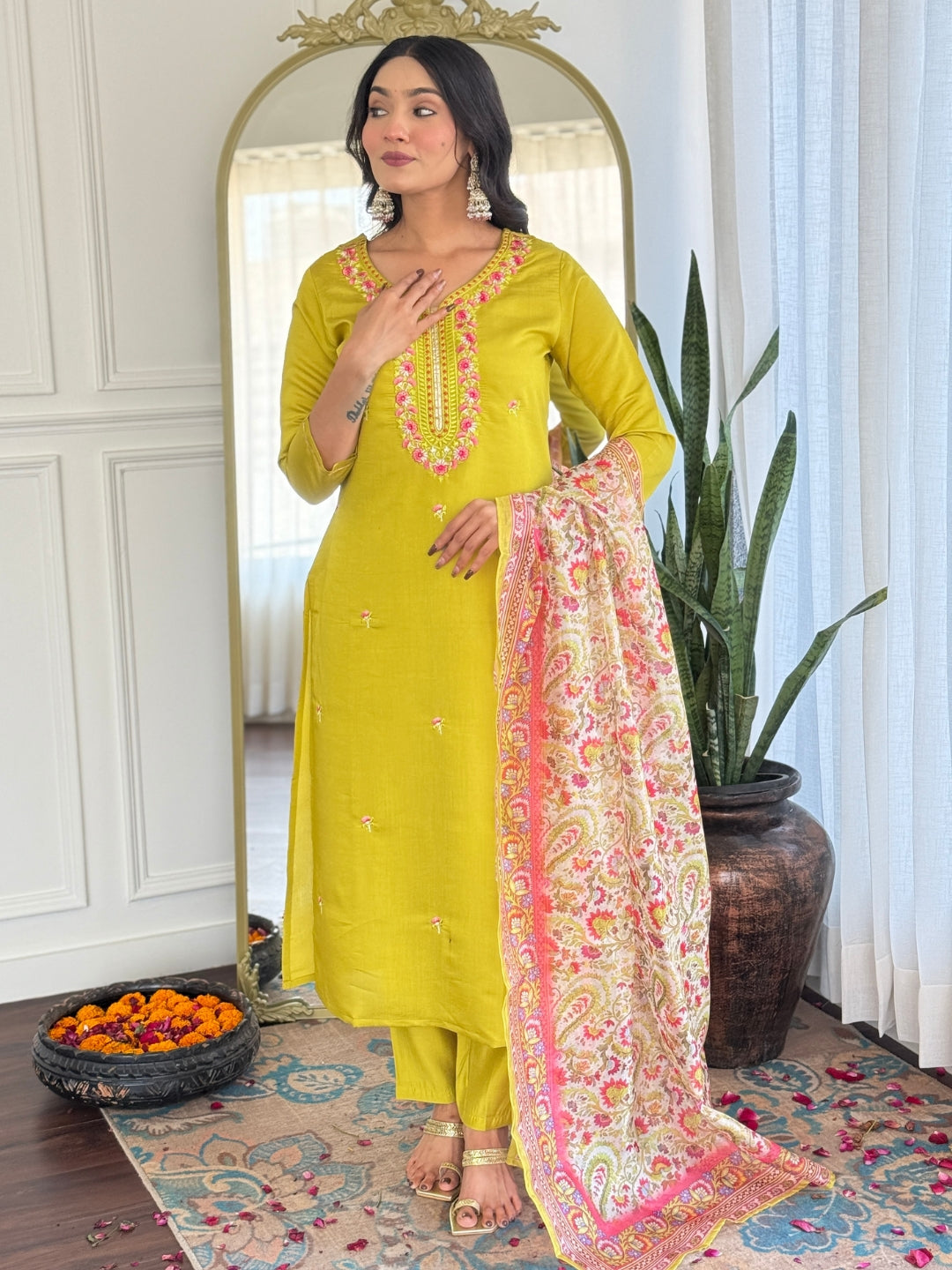The52 Women's Gorgeous Rayon Embroidery work Straight Kurta with Pant and Dupatta Set