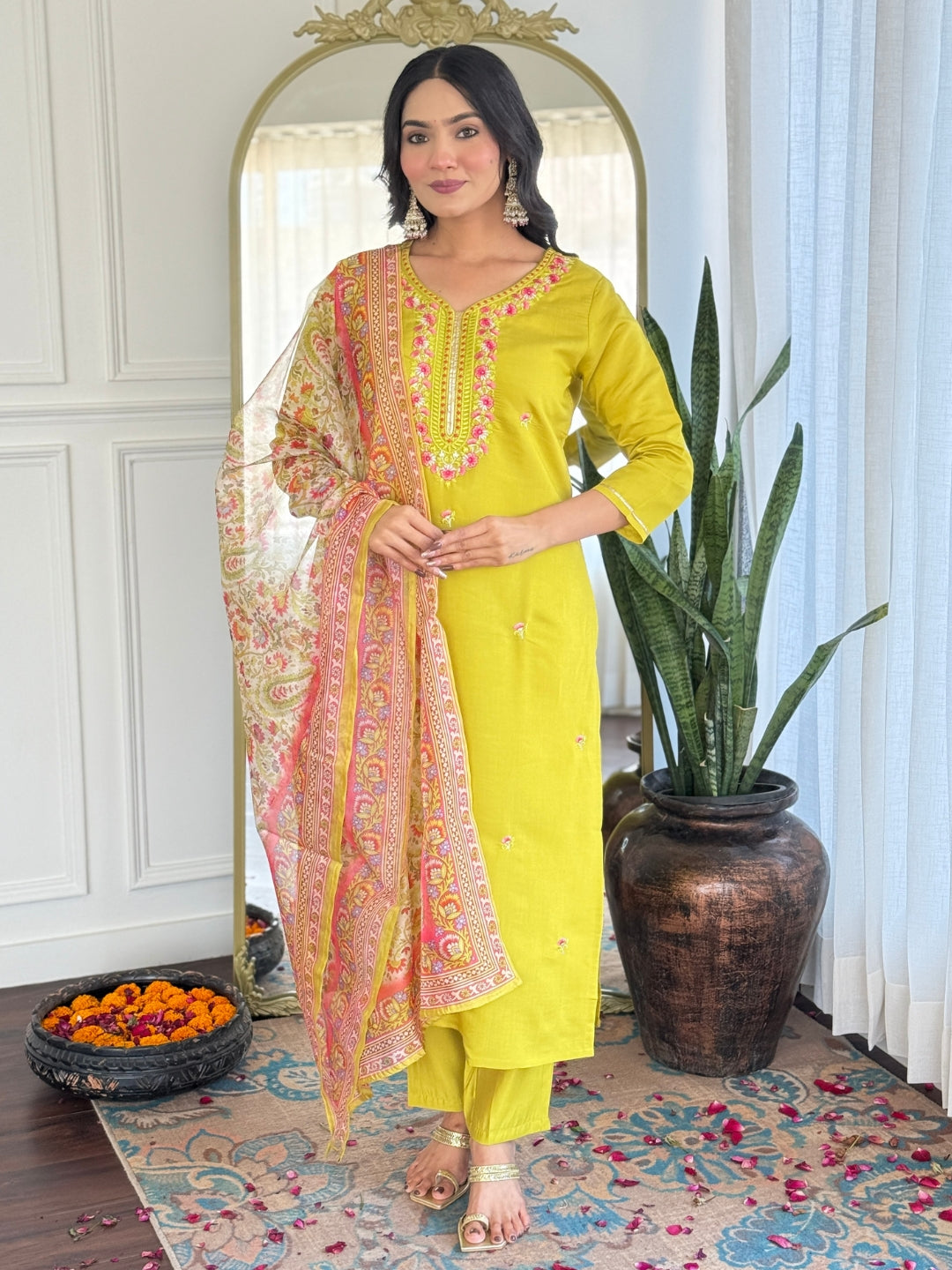 The52 Women's Gorgeous Rayon Embroidery work Straight Kurta with Pant and Dupatta Set