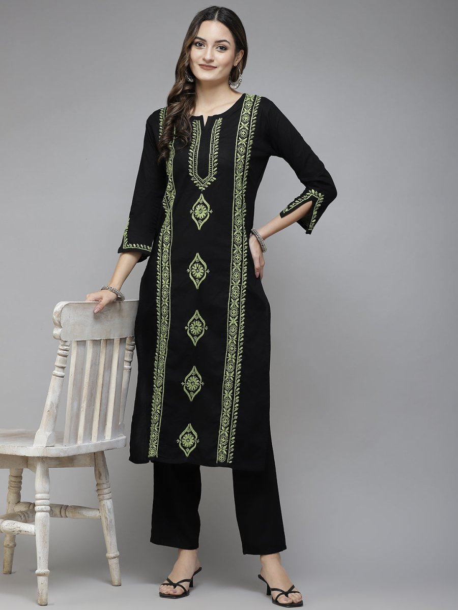 ADA Women Black & Green Ethnic Motifs Embroidered Chikankari Handloom Handloom Kurta - Distacart