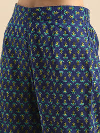 Thumbnail for Anouk Women Navy Blue Floral Printed Styled Back Pure Cotton Kurta with Trousers - Distacart
