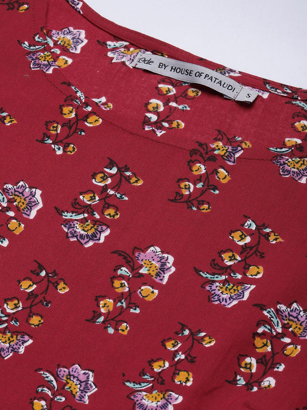 Ode by House of Pataudi Women Maroon Pure Cotton Floral Printed Kurta - Distacart