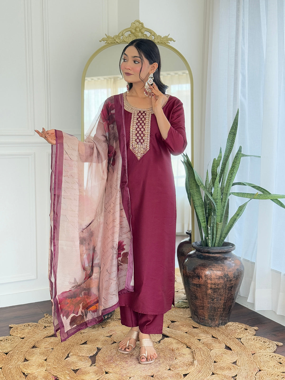 The52 Women's Gorgeous Rayon Embroidery Straight Kurta with Pant And Dupatta Set