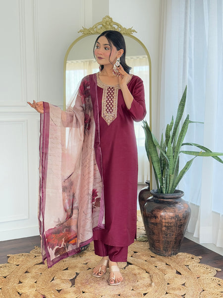 The52 Women's Gorgeous Rayon Embroidery Straight Kurta with Pant And Dupatta Set