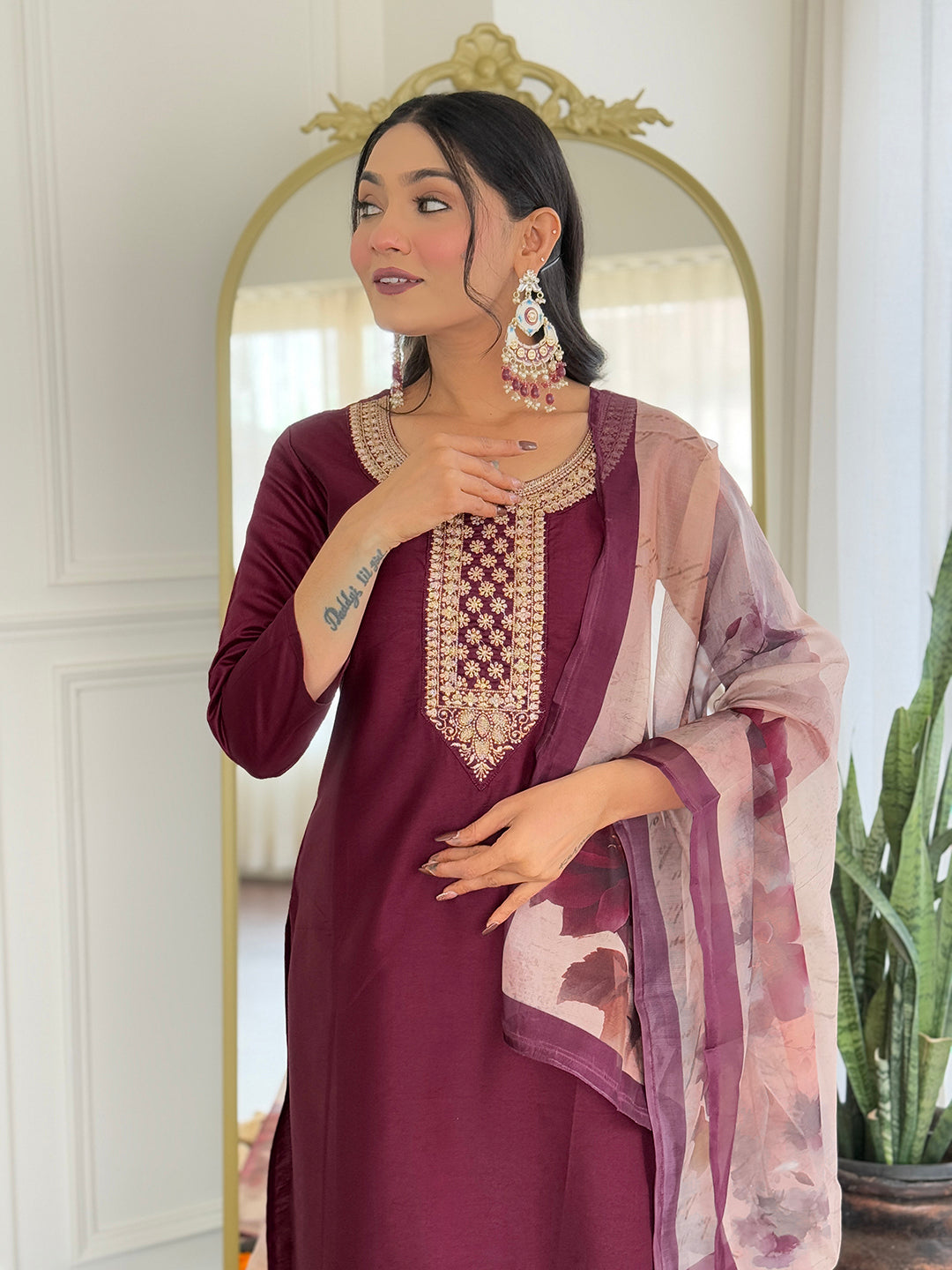 The52 Women's Gorgeous Rayon Embroidery Straight Kurta with Pant And Dupatta Set