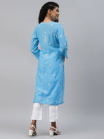 Thumbnail for ADA Women Blue & White Ethnic Motifs Hand Embroidered Chikankari Handloom Kurta - Distacart