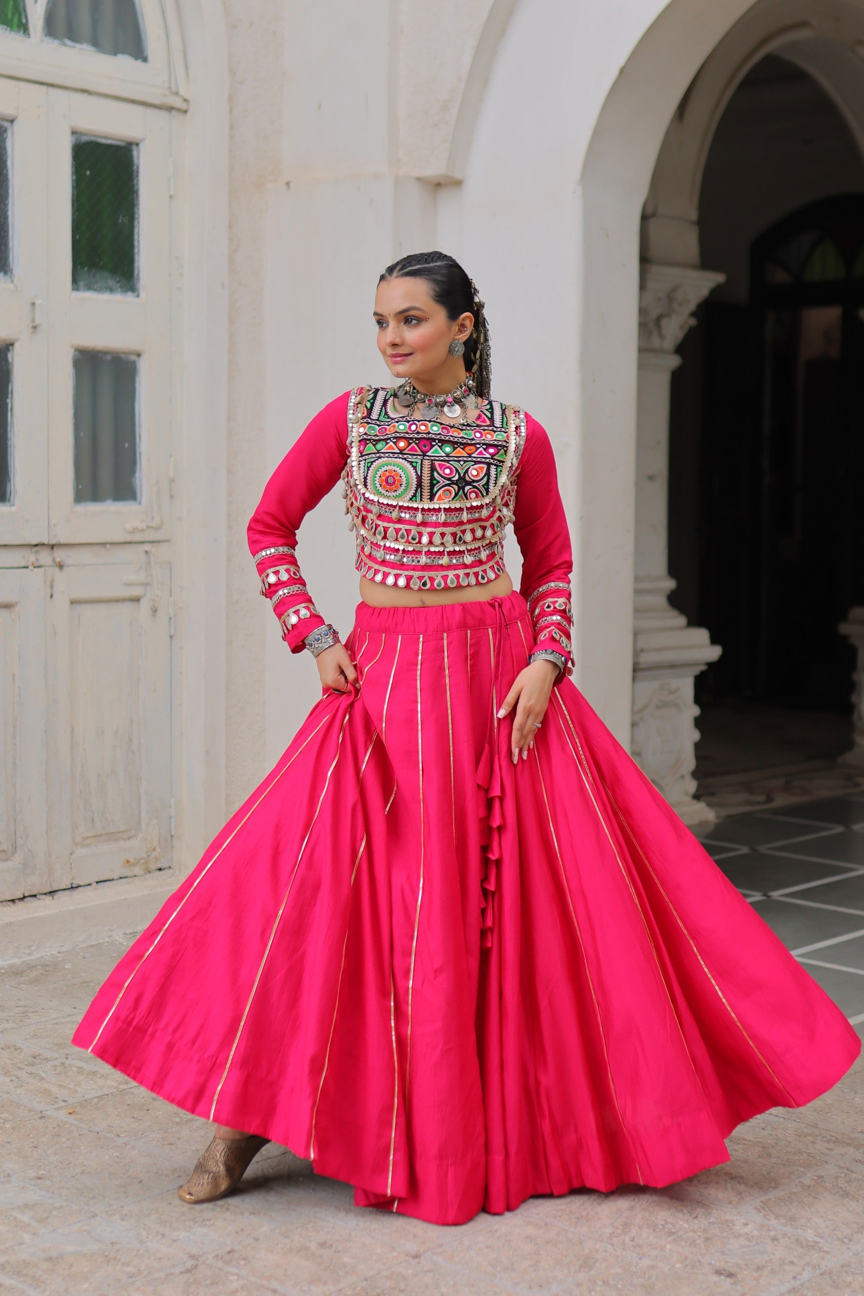 Lorenvalley Fashion Pink Roman Silk with Attractive Gota-Patti Lace Lehenga Choli
