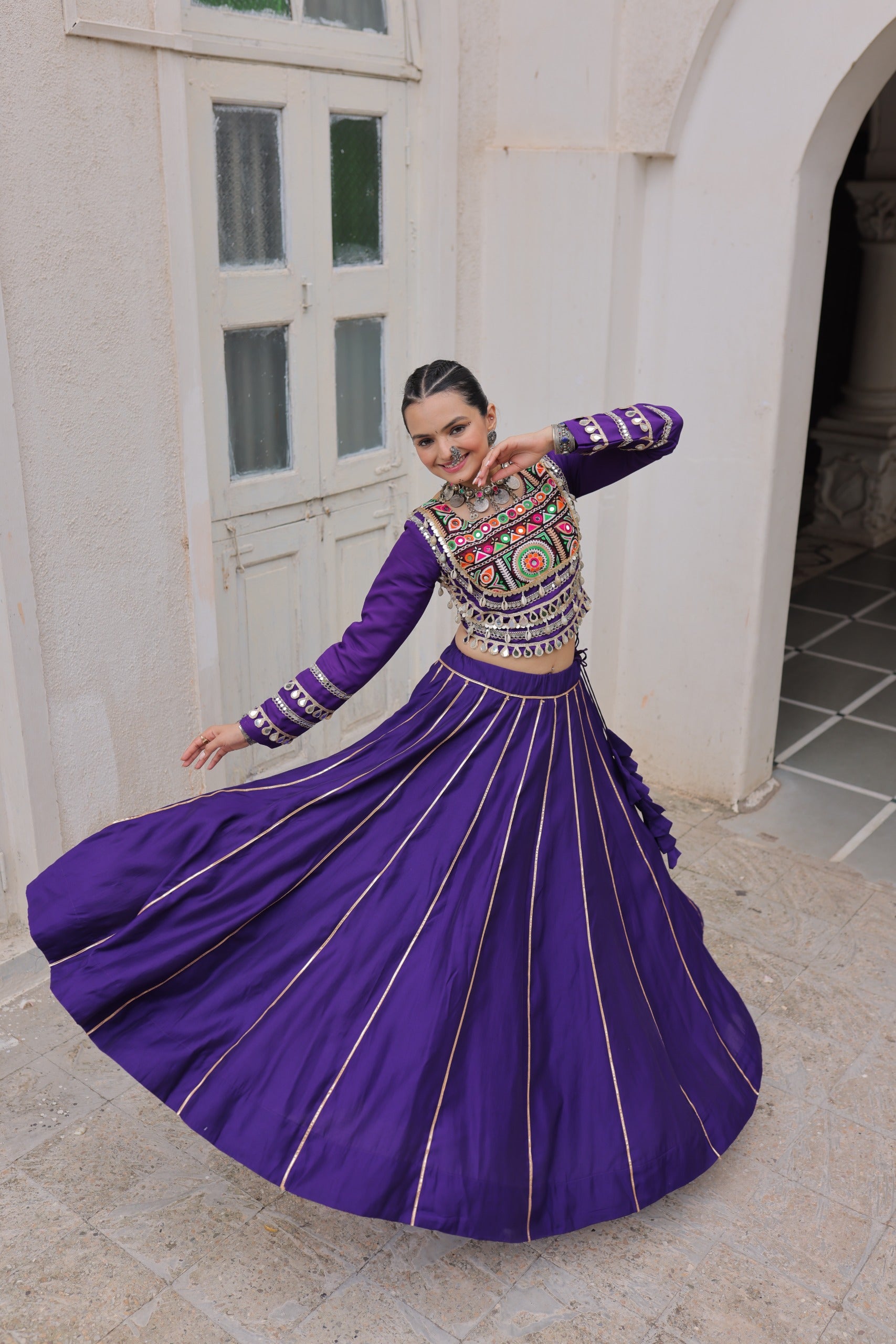 Lorenvalley Fashion Purple Roman Silk with Attractive Gota-Patti Lace Lehenga Choli