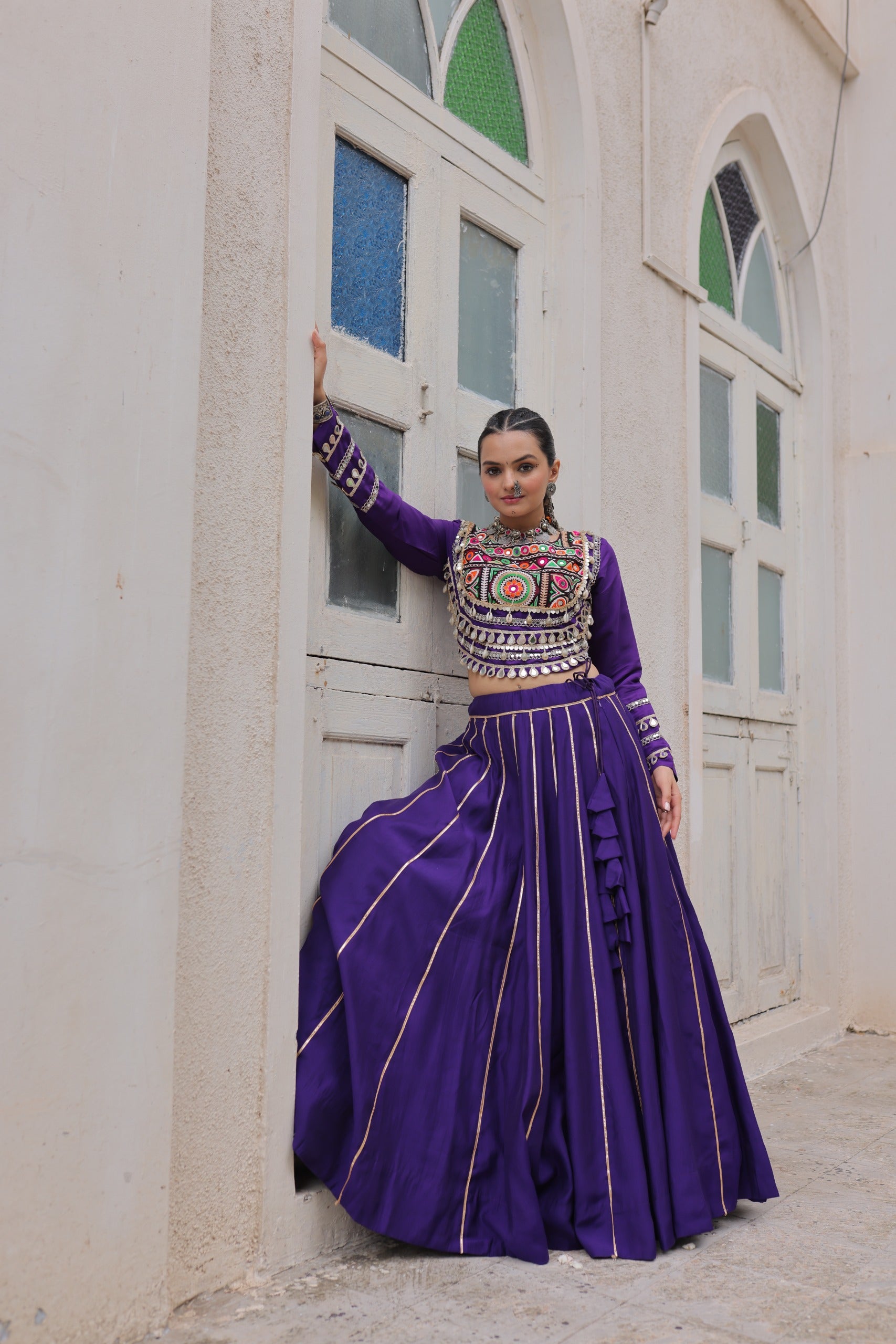 Lorenvalley Fashion Purple Roman Silk with Attractive Gota-Patti Lace Lehenga Choli