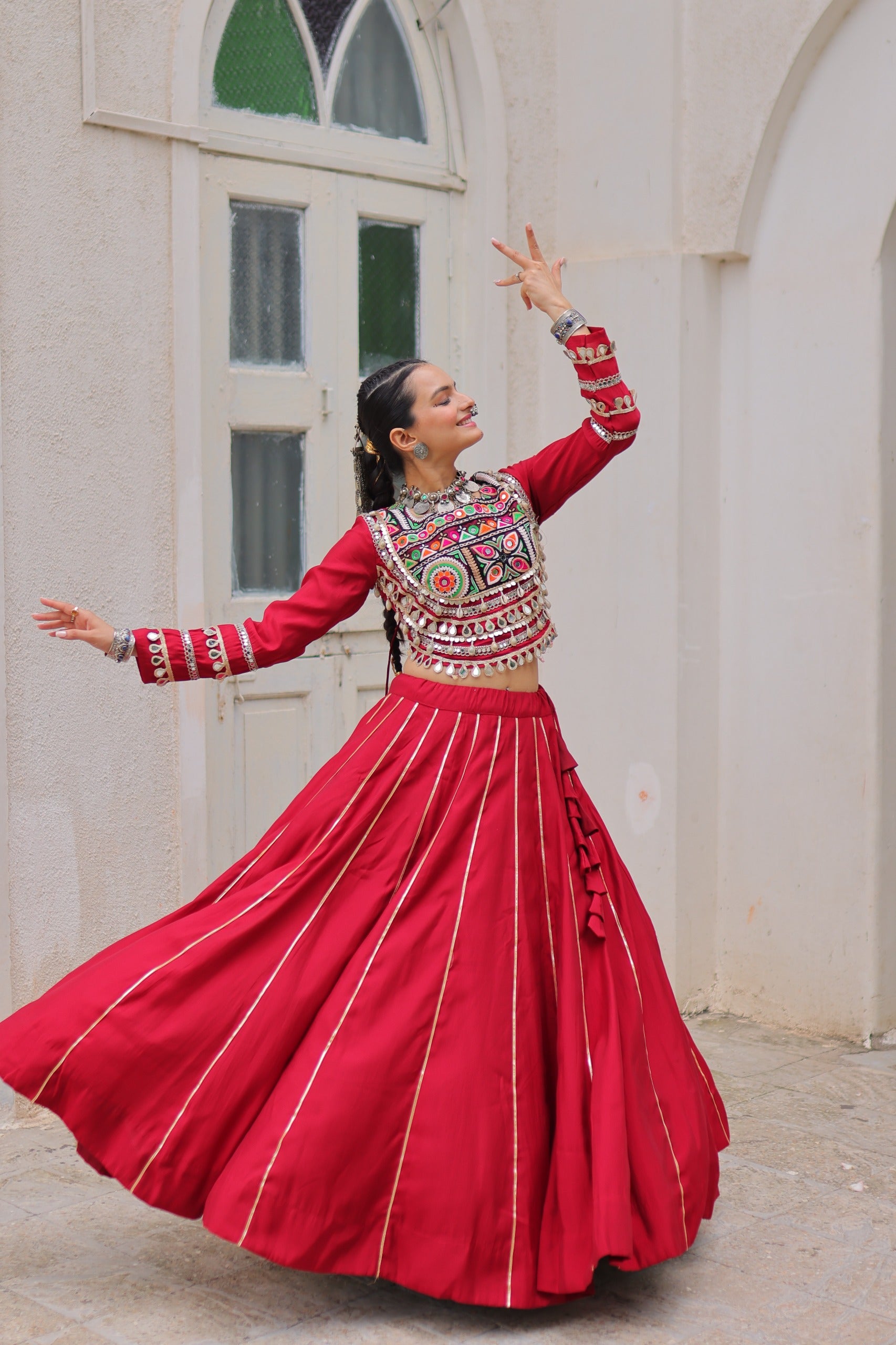 Lorenvalley Fashion Red Roman Silk with Attractive Gota-Patti Lace Lehenga Choli