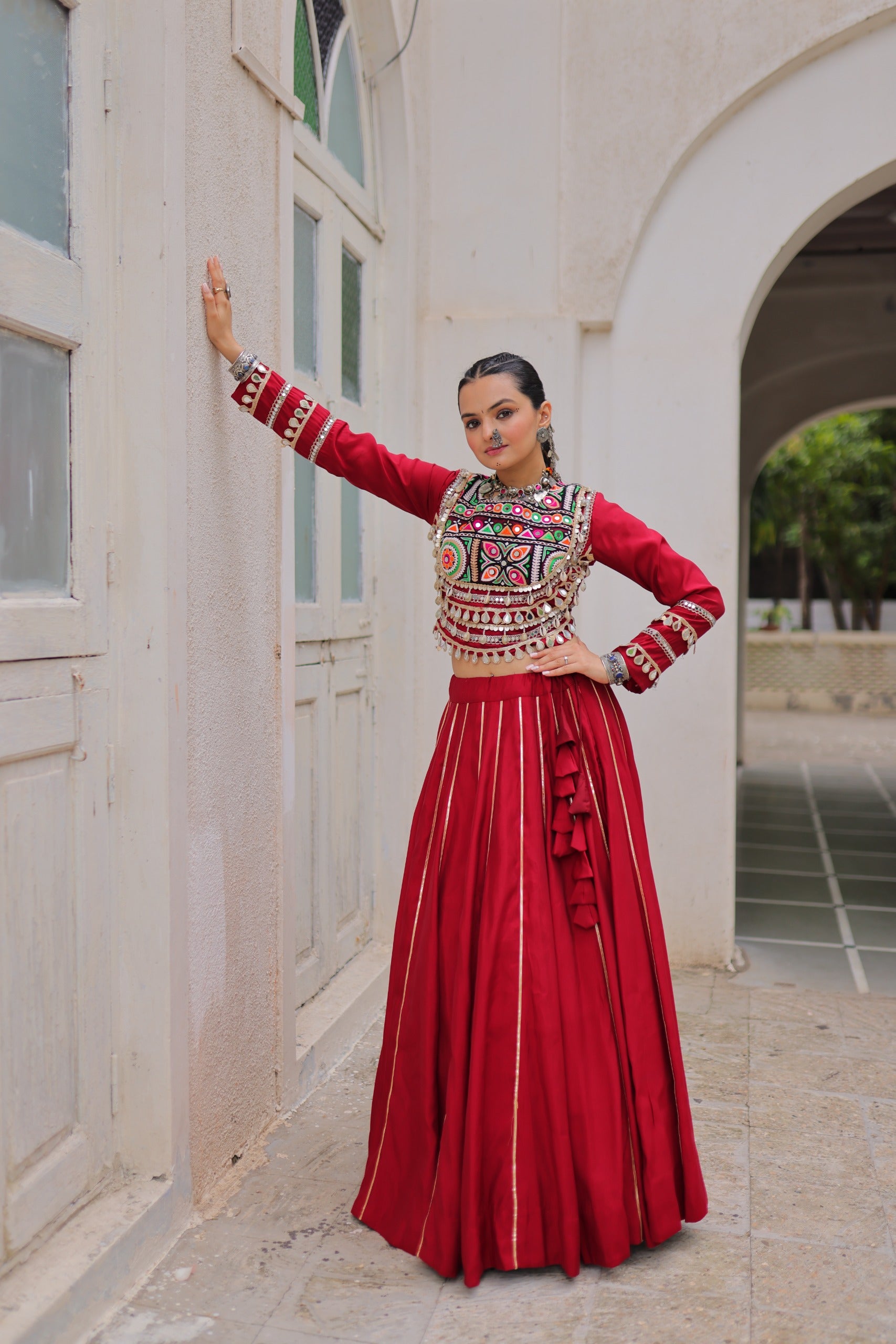 Lorenvalley Fashion Red Roman Silk with Attractive Gota-Patti Lace Lehenga Choli