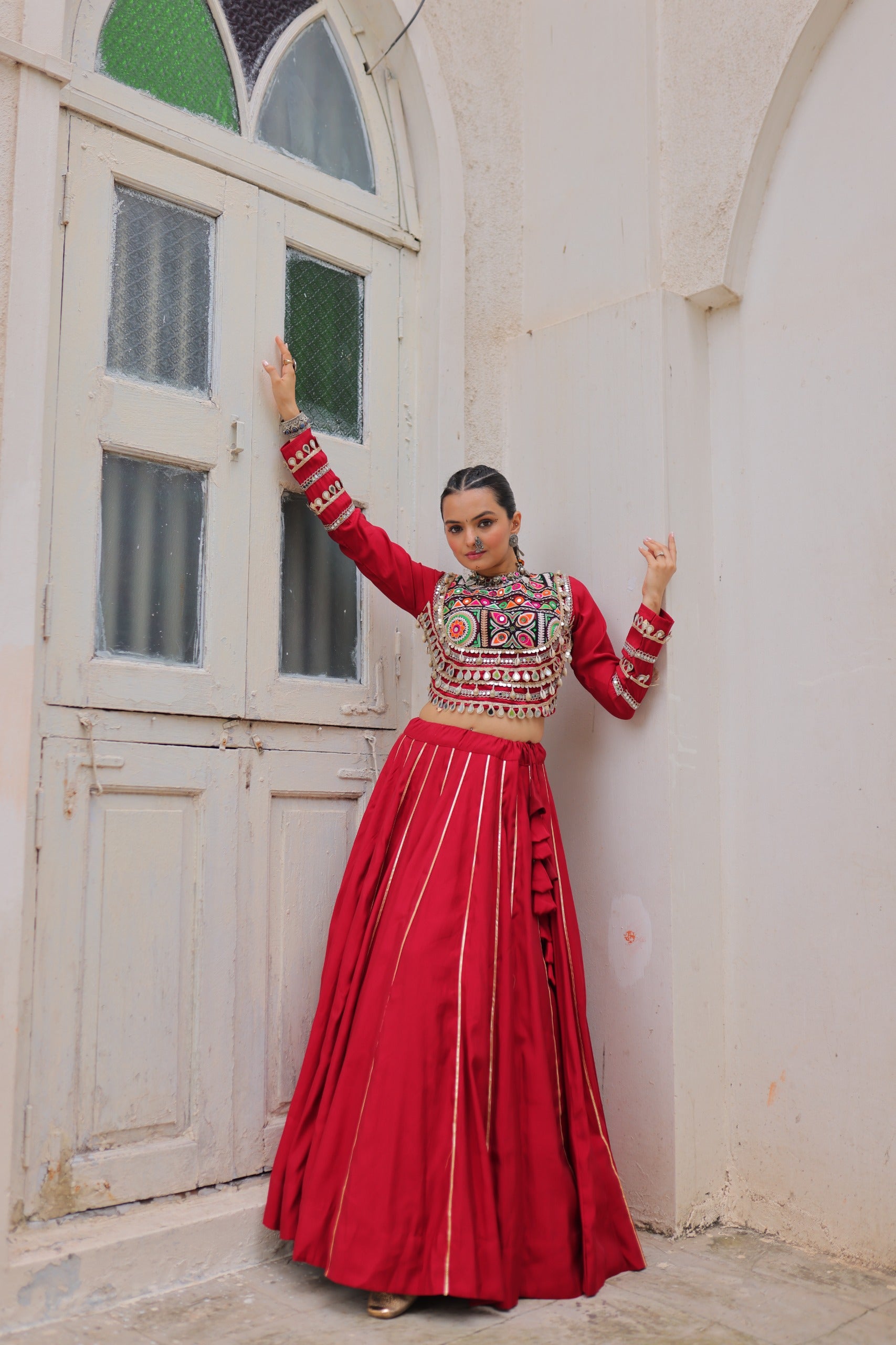 Lorenvalley Fashion Red Roman Silk with Attractive Gota-Patti Lace Lehenga Choli