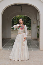 Thumbnail for Lorenvalley Fashion White Roman Silk with Attractive Gota-Patti Lace Lehenga Choli