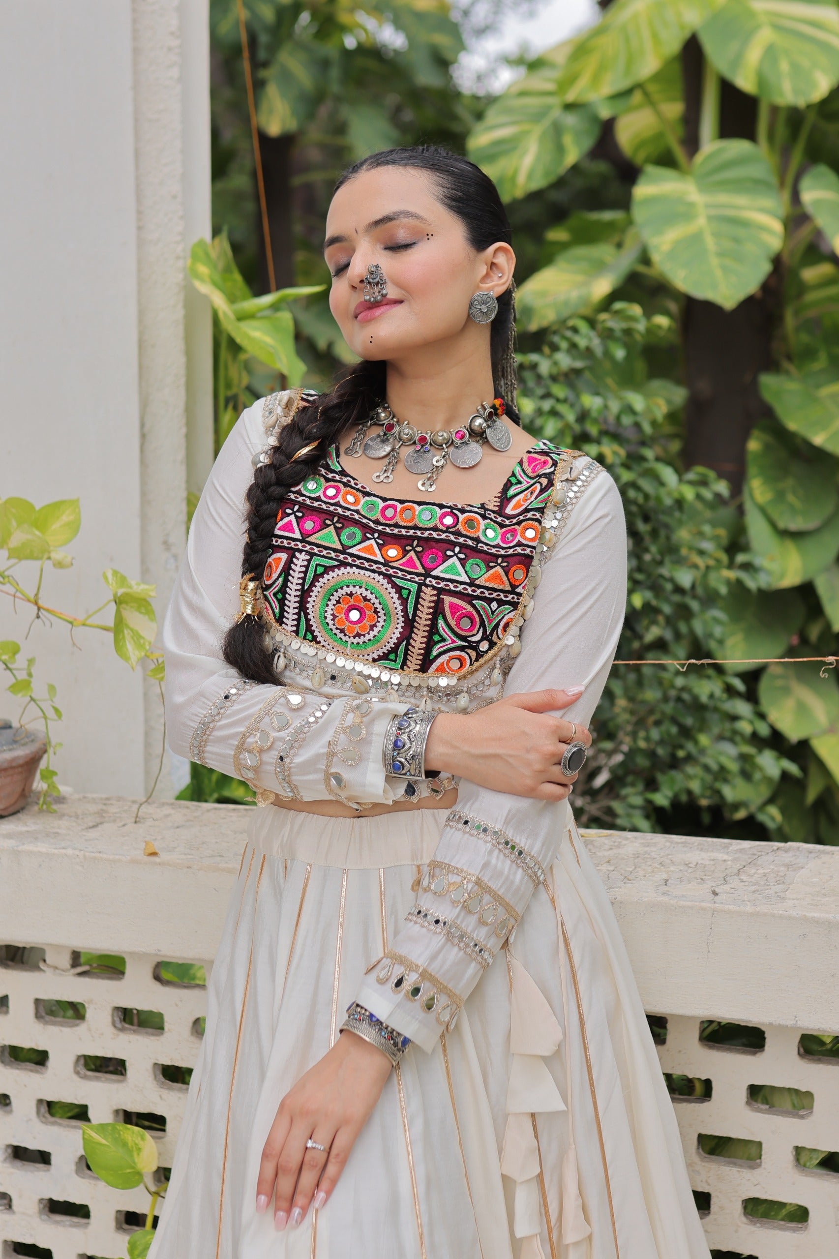 Lorenvalley Fashion White Roman Silk with Attractive Gota-Patti Lace Lehenga Choli
