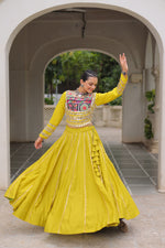 Thumbnail for Lorenvalley Fashion Yellow Roman Silk with Attractive Gota-Patti Lace Lehenga Choli