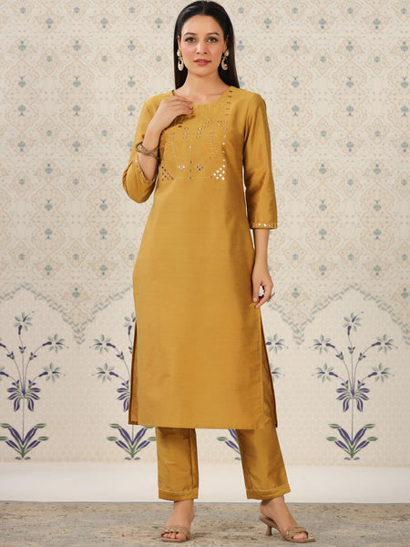 Ode by House of Pataudi Geometric Embroidered Mirror Work Kurta With Trousers - Distacart