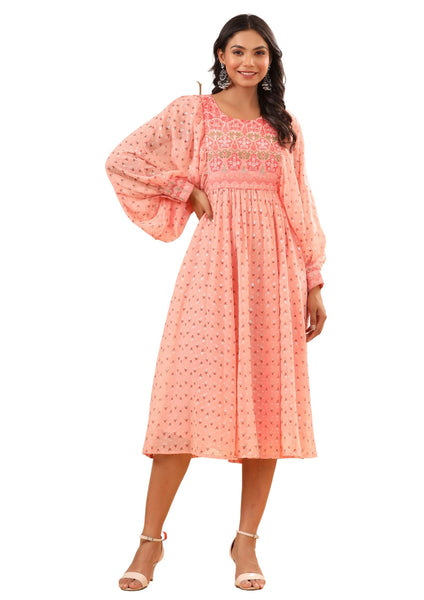 Juniper Women's Peach Ethnic Motif Printed Georgette Midi Dress With Sequins Work - Distacart