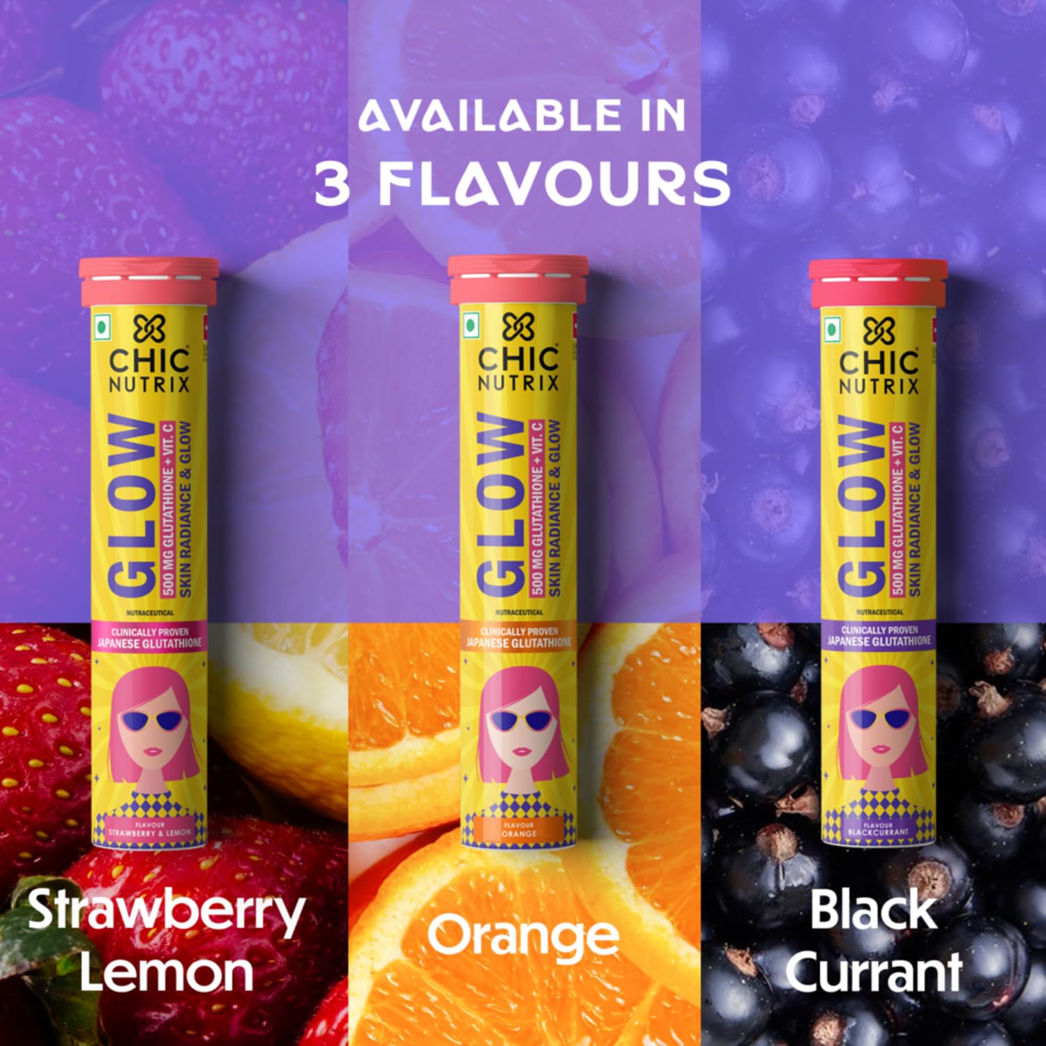 Chicnutrix Glow 500mg Effervescent Tablets - Strawberry & Lemon Flavor, For Glow & Radiance Skin