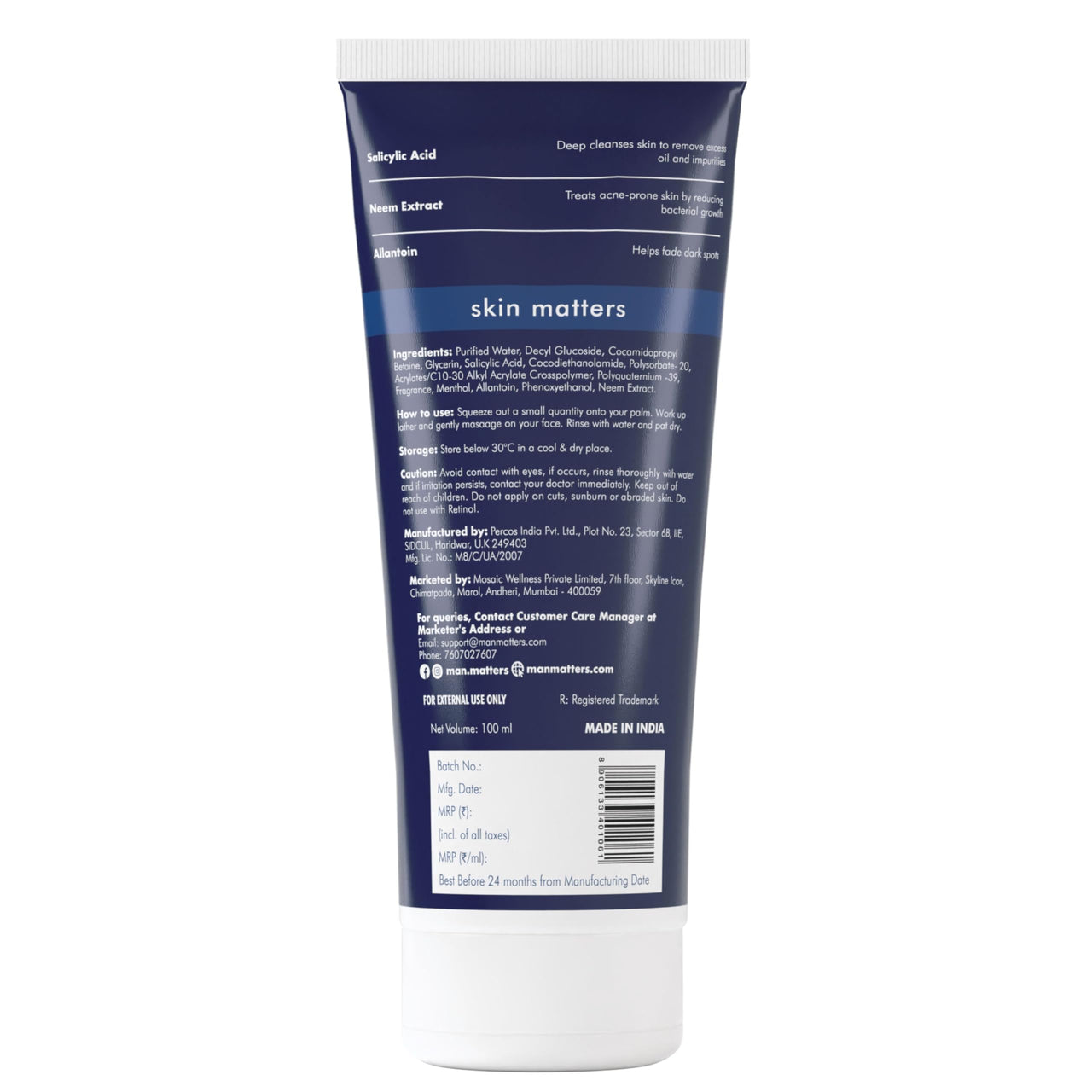 Man Matters Clear 2% Salicylic Acid Face Wash for Men, Paraben & SLS Free - Distacart