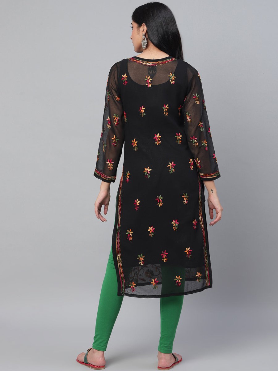 ADA Women Black & Pink Chikankari Hand Embroidered Semi-Sheer Straight Sustainable Kurta With Slip - Distacart