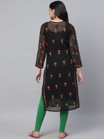 Thumbnail for ADA Women Black & Pink Chikankari Hand Embroidered Semi-Sheer Straight Sustainable Kurta With Slip - Distacart