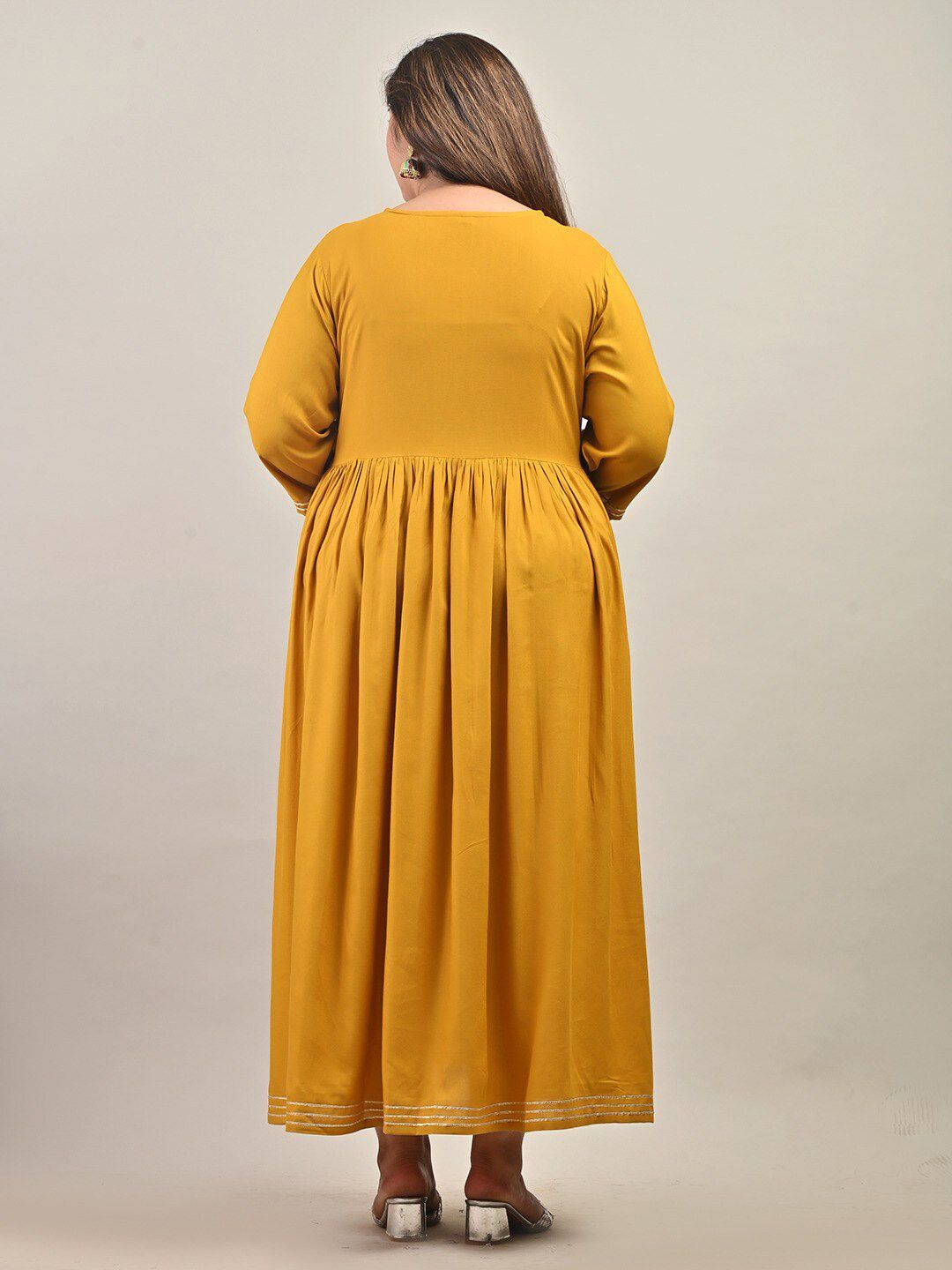Swasti Plus Size Ethnic Motif Embroidered Round Neck Gathered Fit & Flare Maxi Dress
