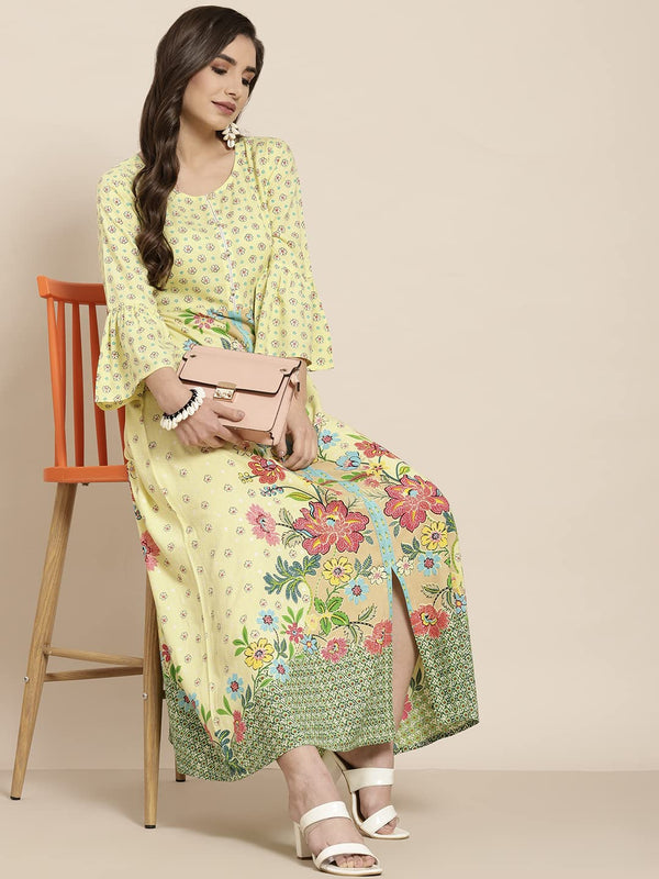 Juniper Women's Lime Floral Printed Rayon Kurta With Buttons Closure At Back - Distacart