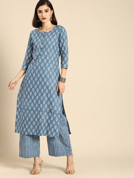 Anouk Women Blue Ethnic Motifs Printed Regular Pure Cotton Kurta with Palazzos - Distacart