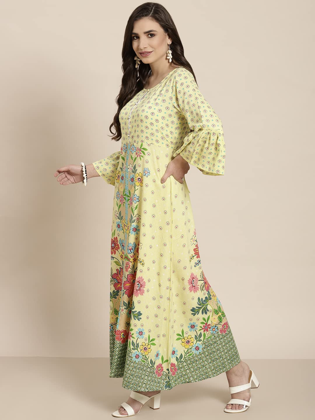 Juniper Women's Lime Floral Printed Rayon Kurta With Buttons Closure At Back - Distacart