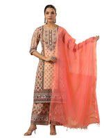 Thumbnail for Juniper Women's Peach Ethnic Motif Printed Pure Cotton Kurta Palazzos & Kota Doria Dupatta With Beads & Sequins - Distacart