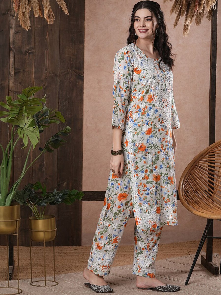 ADA Floral Printed Round Neck Regular Lucknowi Chikankari Kurta with Trousers - Distacart