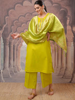 Thumbnail for Vishudh Lime Green Gotta Patti Straight Kurta with Palazzo & Dupatta - Distacart