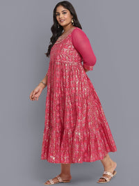 Thumbnail for AURELIA Pink Ethnic Motifs A-Line Midi Dress