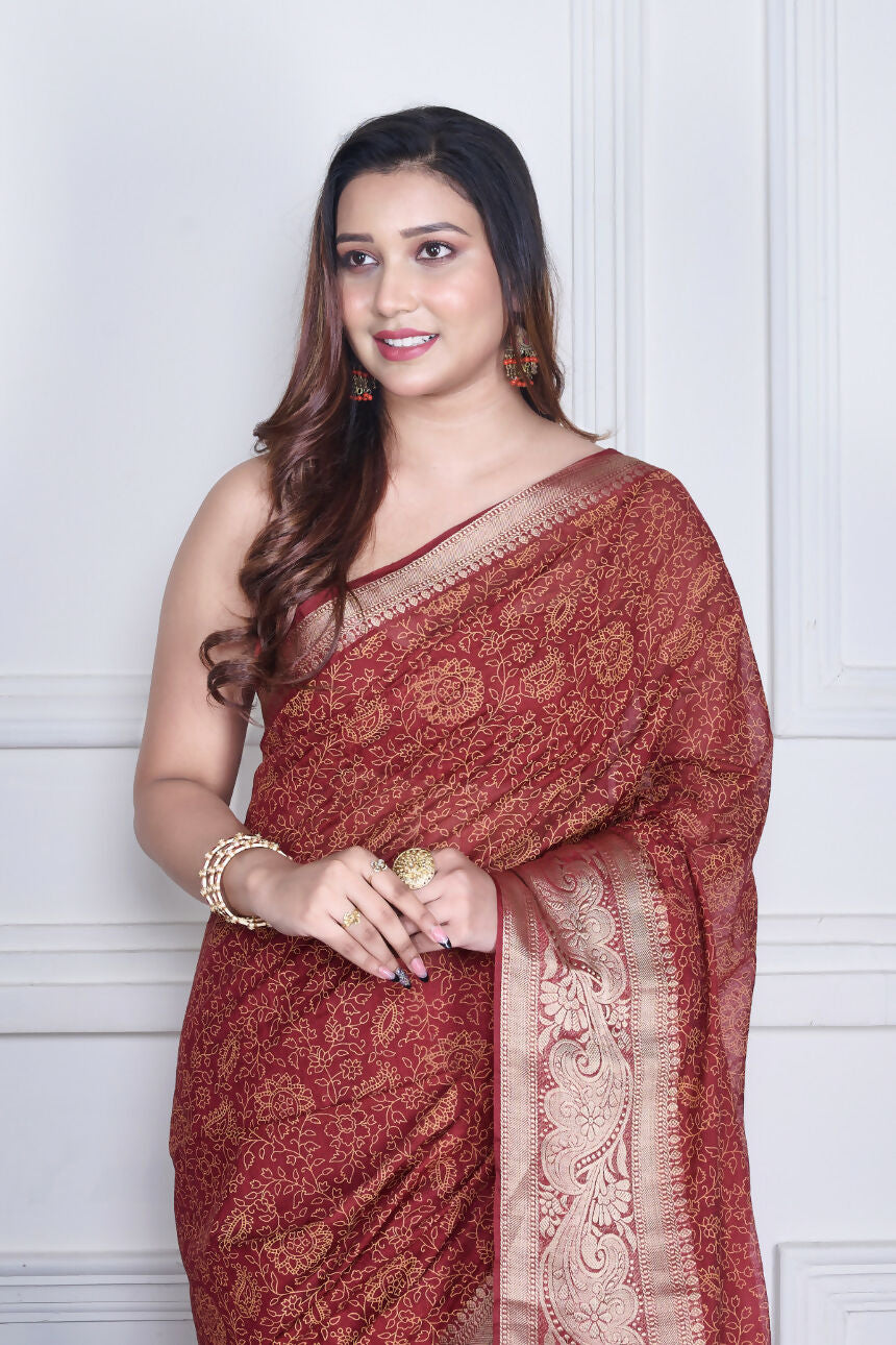 Morchari Maroon Script Printed Orzanga Saree Unstitched Blouse