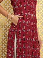 Thumbnail for Ode by House of Pataudi Women Maroon Pure Cotton Floral Printed Kurta - Distacart