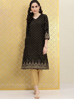 Thumbnail for Ode by House of Pataudi Women Black Ethnic Motifs Printed V-Neck Straight Rozana Kurta - Distacart