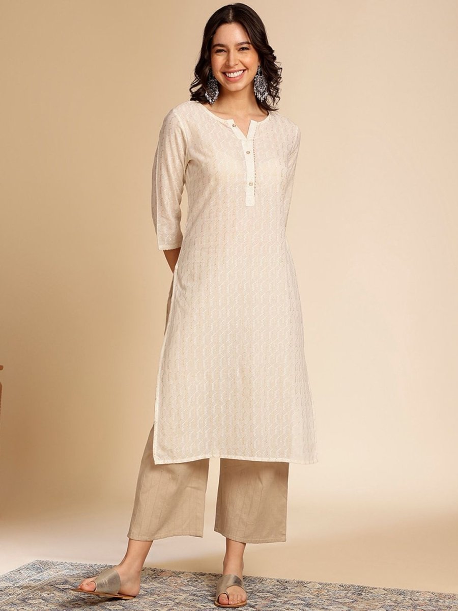 Anouk Off White Printed Mandarin Collar Cotton Straight Kurta