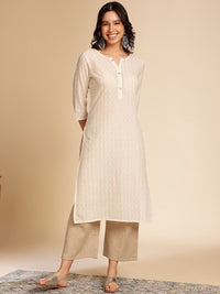 Thumbnail for Anouk Off White Printed Mandarin Collar Cotton Straight Kurta