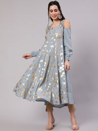 Thumbnail for Aks Floral Printed Cold Shoulder Sleeves Pure Georgette Anarkali Kurta - Distacart
