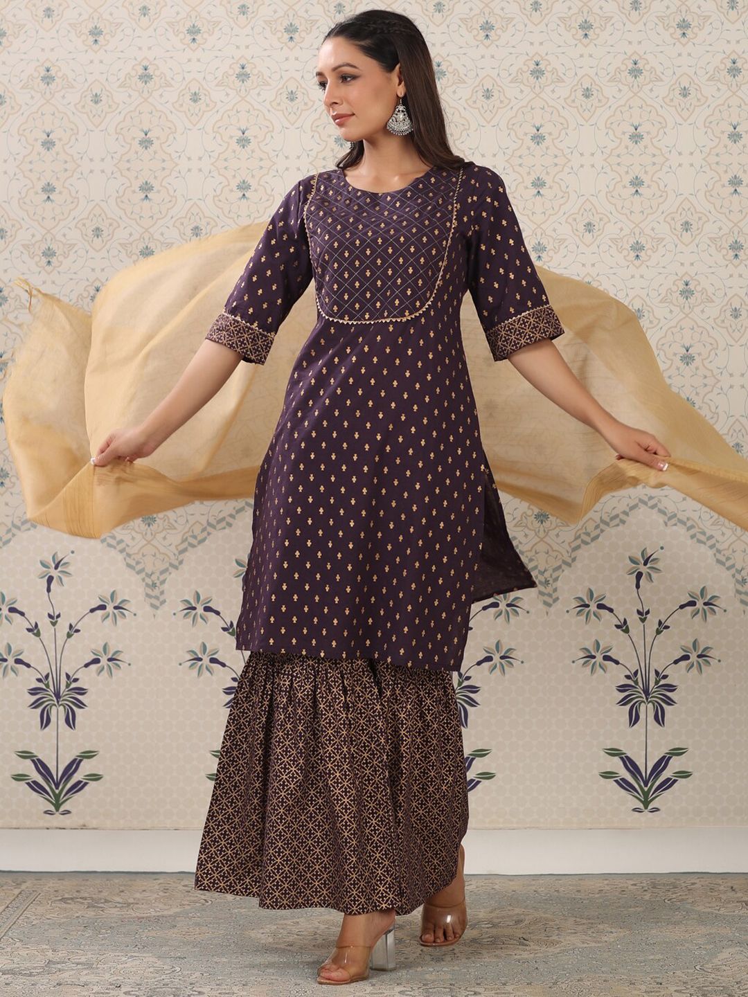 Ode by House of Pataudi Ethnic Motifs Printed Regular Gotta Patti Pure Cotton Kurta with - Distacart